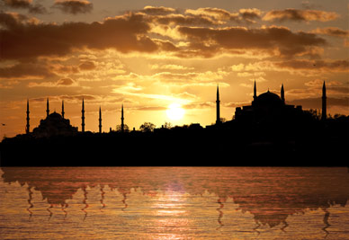 Sunset in Istanbul silhouette with Blue Mosque and The Hagia Sophia